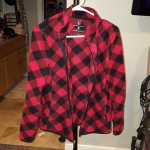 Red and black checkered fleece sweater